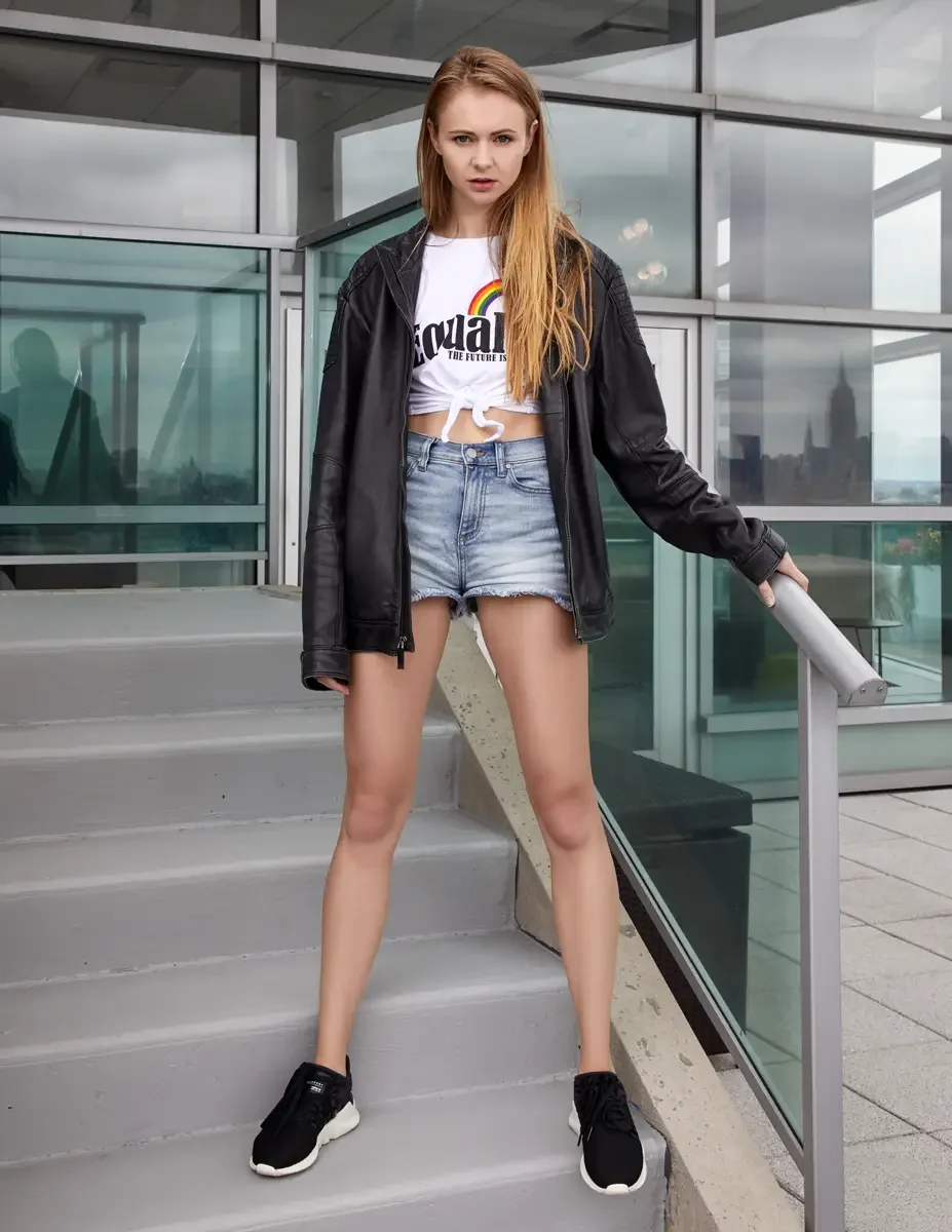 Julia, full length, standing on rooftop access stairs, white rainbow graphic tee reading "Equality / The Future Is" knotted at the waist, light-wash frayed denim cutoff shorts, oversized black zip-front leather jacket, black chunky sneakers with whit