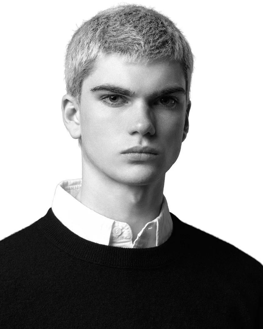 black and white portrait male model short hair collar shirt sweater