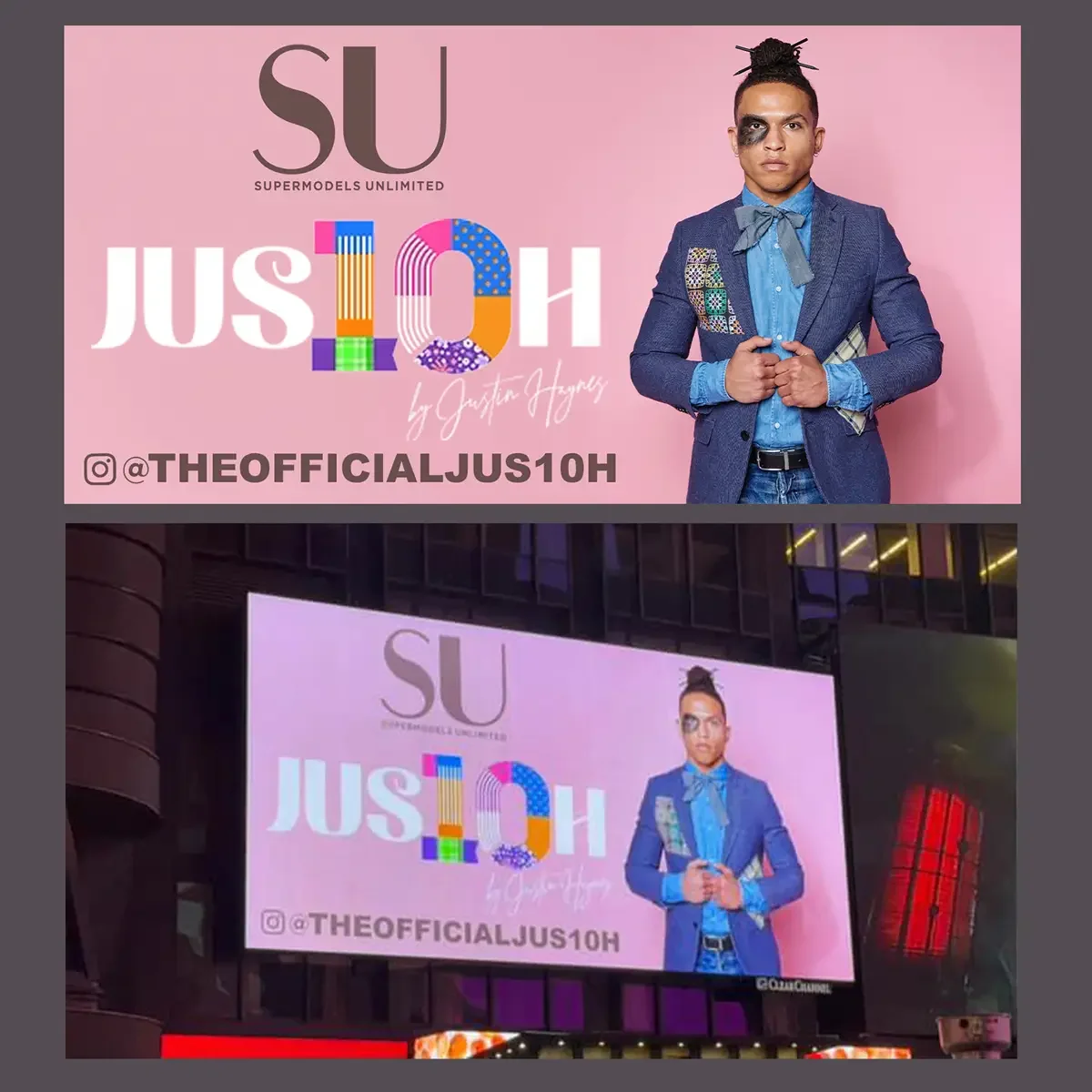 JUS10H 2025 billboard Times Square, composite showing billboard artwork and in-situ display, model in navy blazer with multicolor embroidered and tartan patchwork panel over chambray shirt and denim bow tie, pink background with JUS10H logo and Super