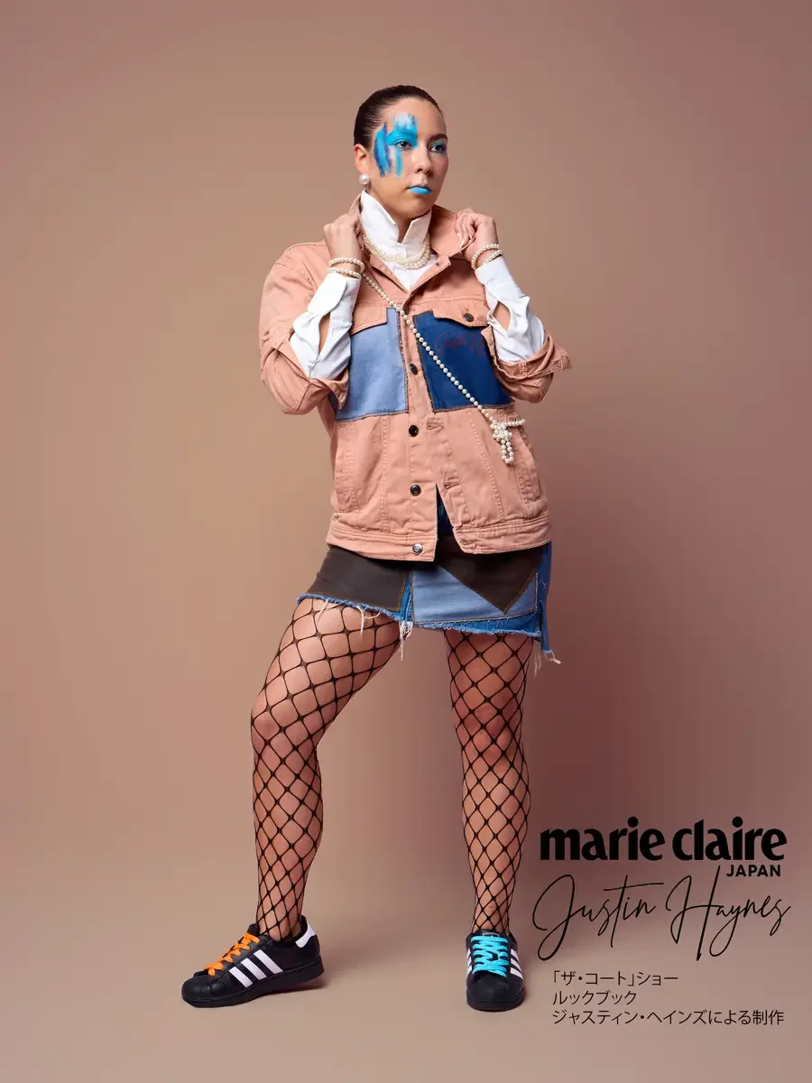 Salmon denim jacket with contrast patch blocks and pearl crossbody, JUS10H Court Show lookbook