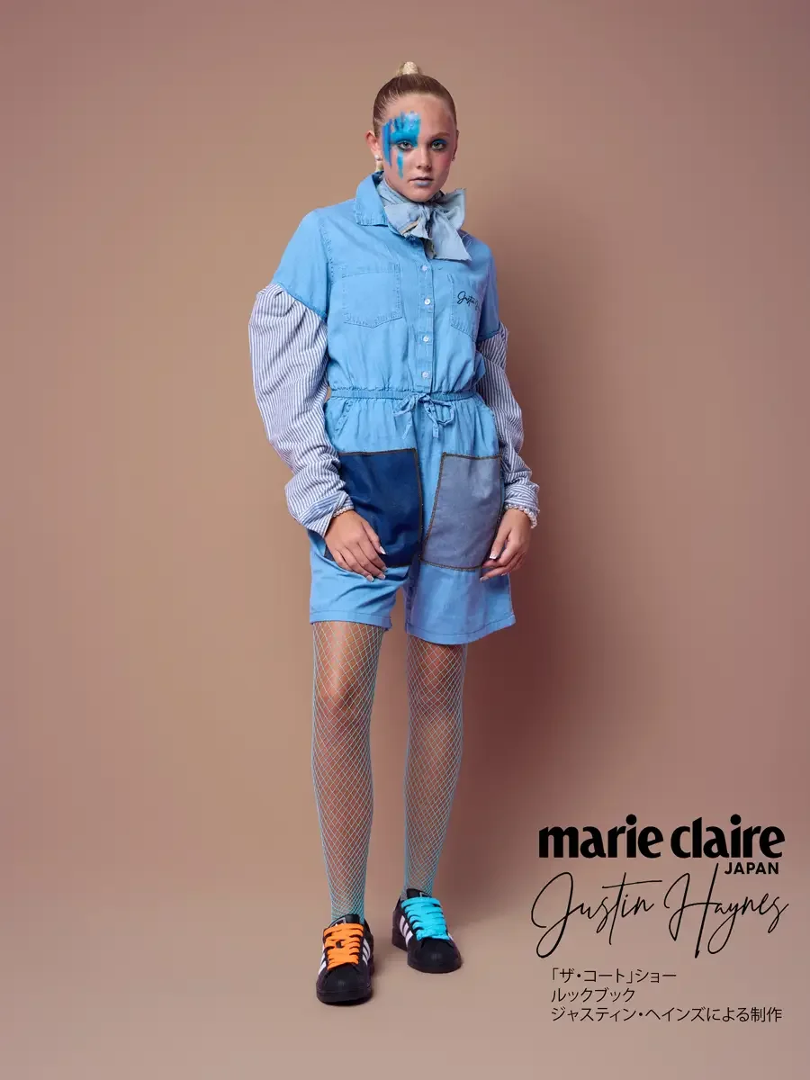 Two-part sleeve of a denim romper, striped shirting extending below the denim, JUS10H Court Show lookbook