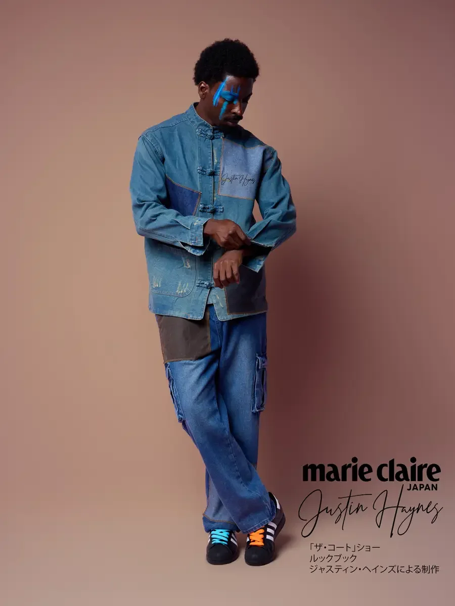 Knot-button closures on a teal-washed mandarin collar jacket, adjusting the sleeve, JUS10H Court Show lookbook