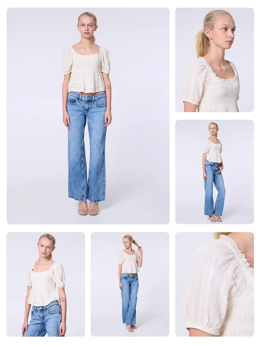 Model portfolio development comp card, commercial look, cream smocked square-neck puff-sleeve crop top, low-rise light wash wide-leg jeans, nude heeled sandals, hero image with alternate views and garment detail, light gray background, photographed b