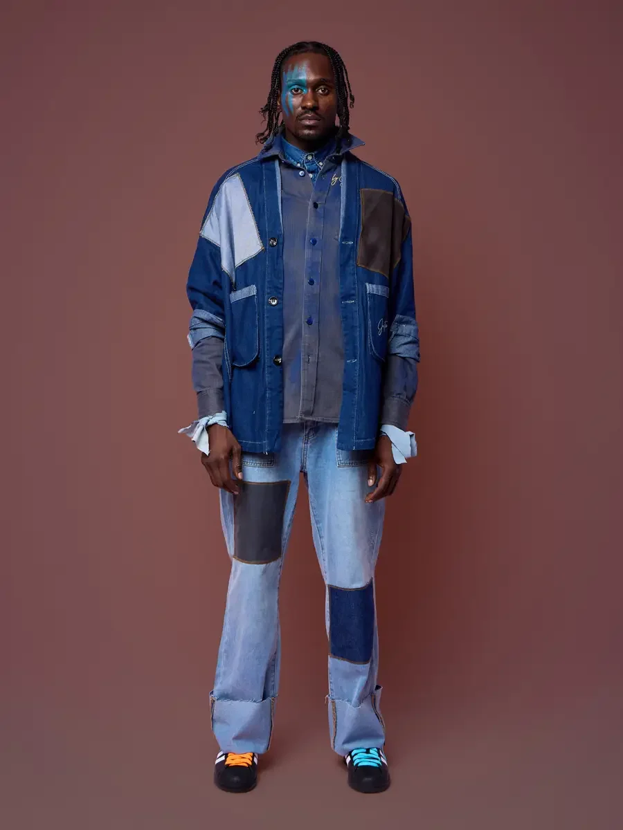 Sewn-in high cuff jeans and double-layered denim shirt under a batwing kimono, JUS10H Court Show lookbook