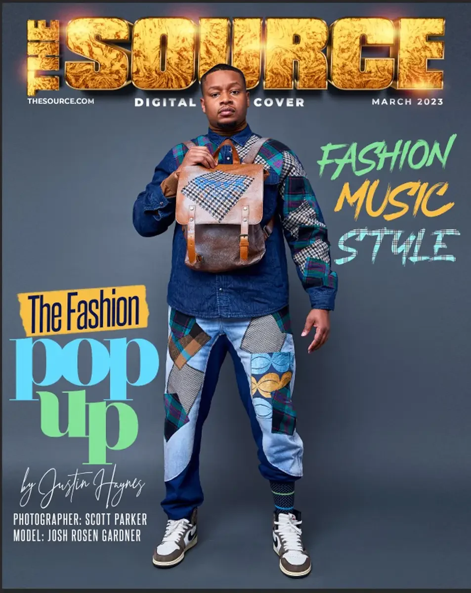 JUS10H 2023 The Source Magazine feature, digital cover, full-length editorial in patchwork denim shirt and mixed-print trousers with leather backpack, photographer credit Scott Parker, photographed by Scott Parker Photo