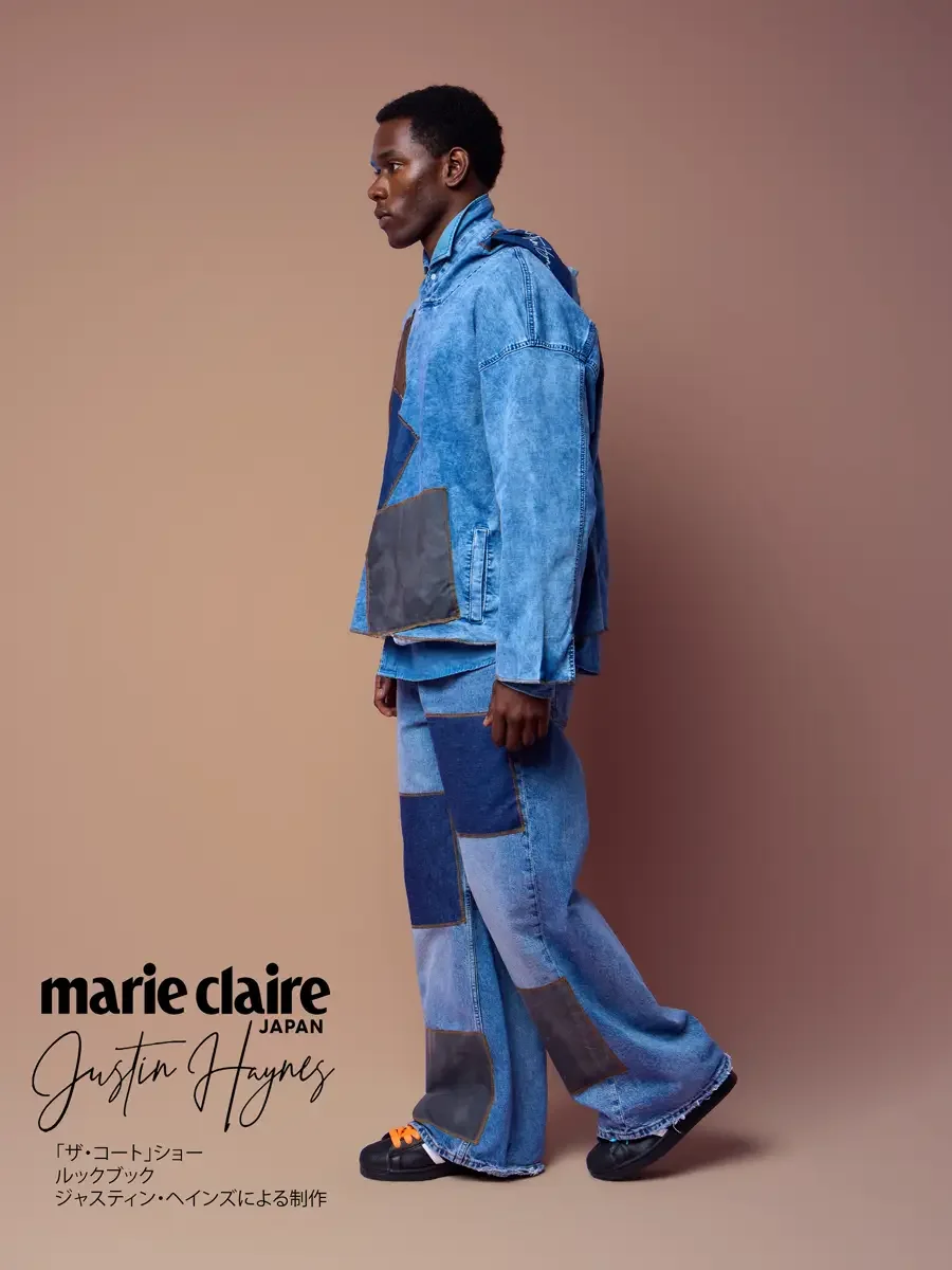 Baggy wide-leg jeans in motion, denim hoodie in profile mid-stride, JUS10H Court Show lookbook