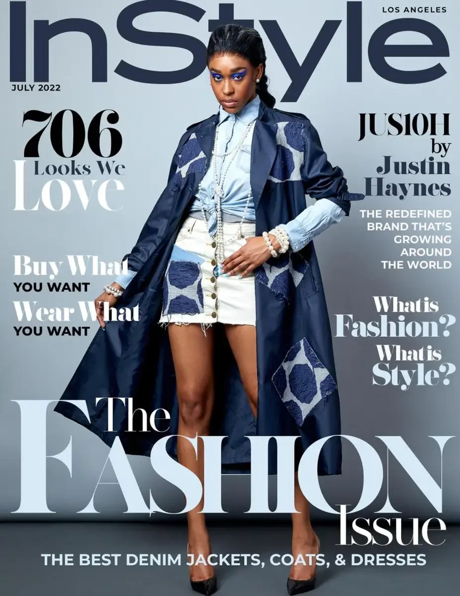 JUS10H 2022 InStyle Los Angeles feature, Fashion Issue cover, navy patchwork trench coat over denim shirt and white shorts, pearl layered necklace, bold blue eye makeup, photographed by Scott Parker Photo