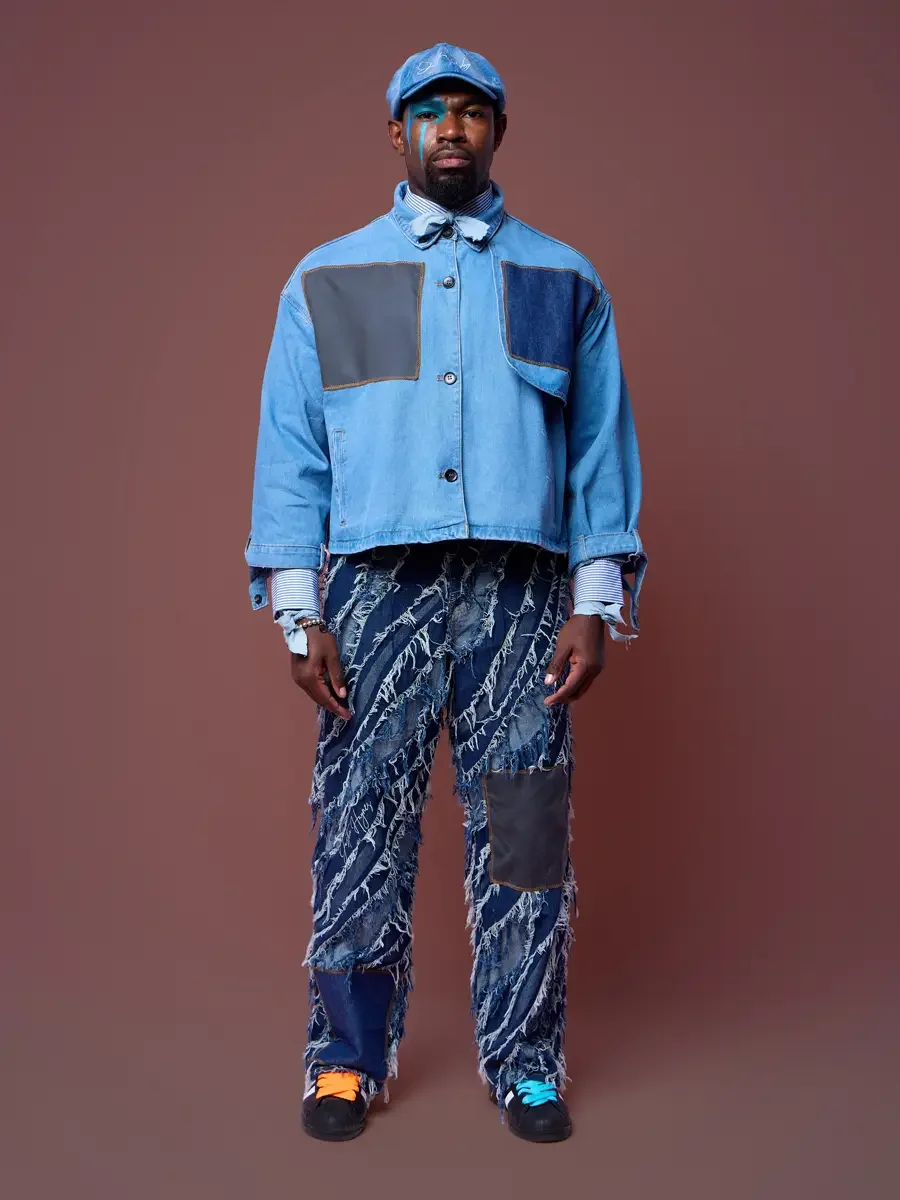 Frayed patchwork pants in multiple blues with contrast patch, cropped denim jacket look, JUS10H Court Show lookbook