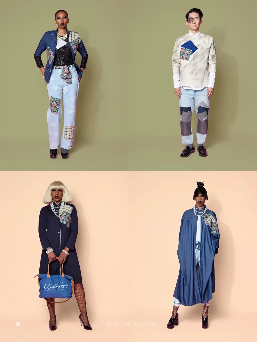 JUS10H 2025 Photohouse Magazine feature, four-look editorial spread, navy sequin-trim blazer with multicolor patchwork panels over light blue floral wide-leg trousers on female model; cream tie-dye sweatshirt with blue and patchwork panels over light