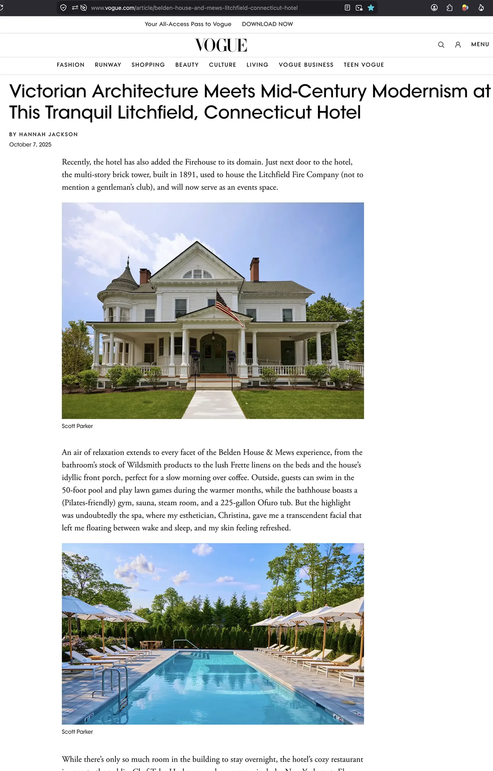 Vogue October 2025 photography by Scott Parker Photo of Belden House and Mews front view, pool terrace, Litchfield Connecticut, lounge chairs and umbrellas.