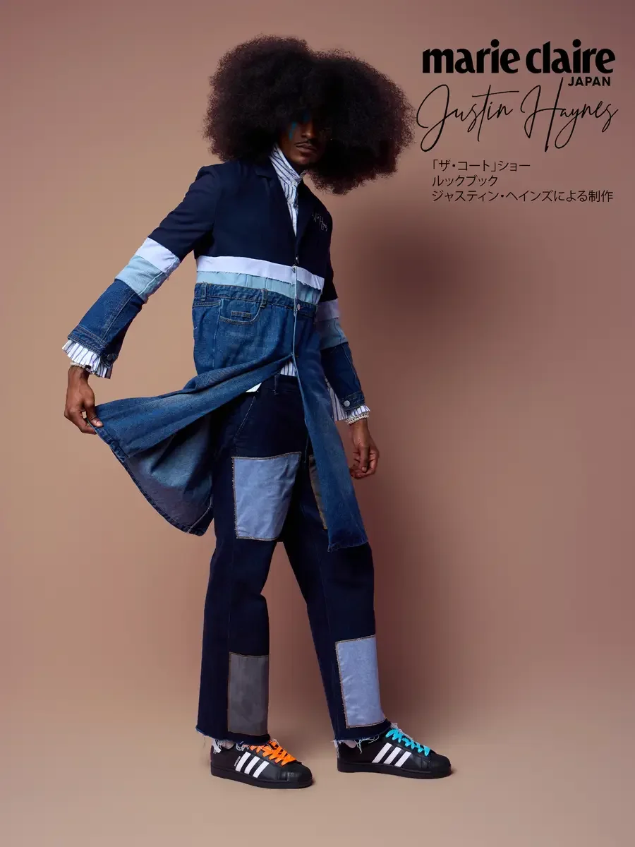 Stacked patchwork denim trench, holding the hem out, JUS10H Court Show lookbook, photographed by Scott Parker Photo