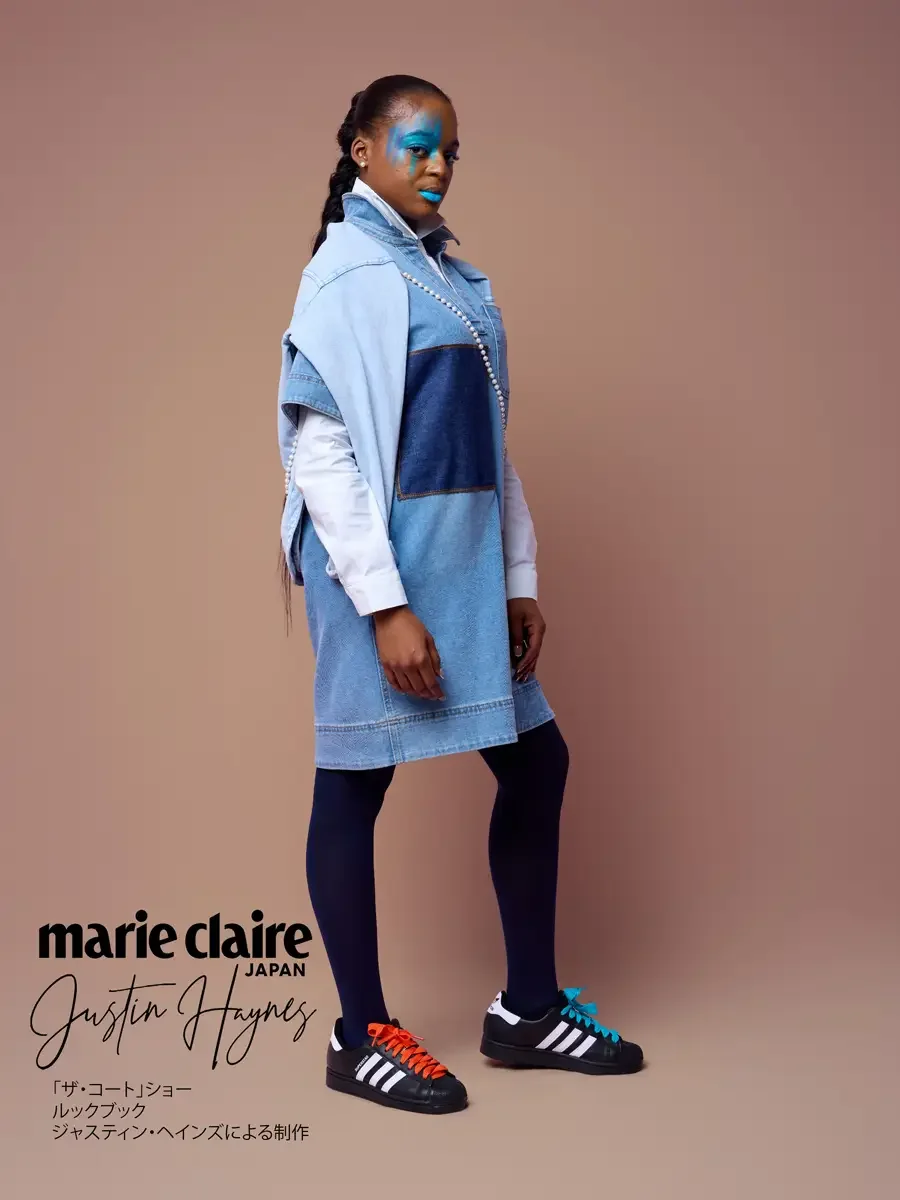 Denim sweat dress cut straight to a box hem, angled stance, JUS10H Court Show lookbook