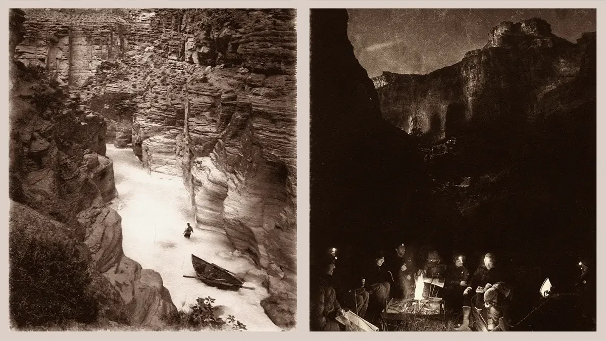 Left side shows a narrow canyon with tall rock walls and a small boat. Right side depicts a night scene of a group of people in a dark canyon with illuminated cliffs above.