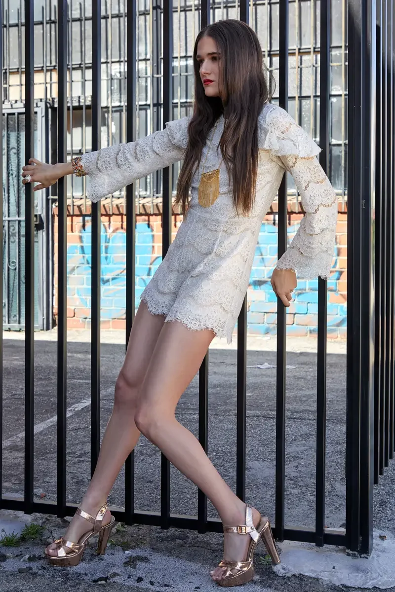 Victoria Henley, cream lace romper, gold platform sandals, iron gate, Los Angeles fashion week test shoot, photographed by Scott Parker Photo