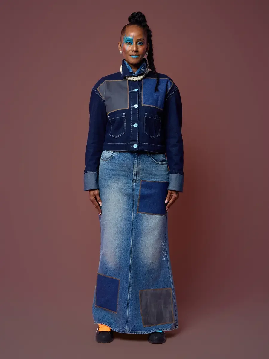 Cropped denim jacket with long folded cuffs over an upcycled denim skirt, JUS10H Court Show lookbook
