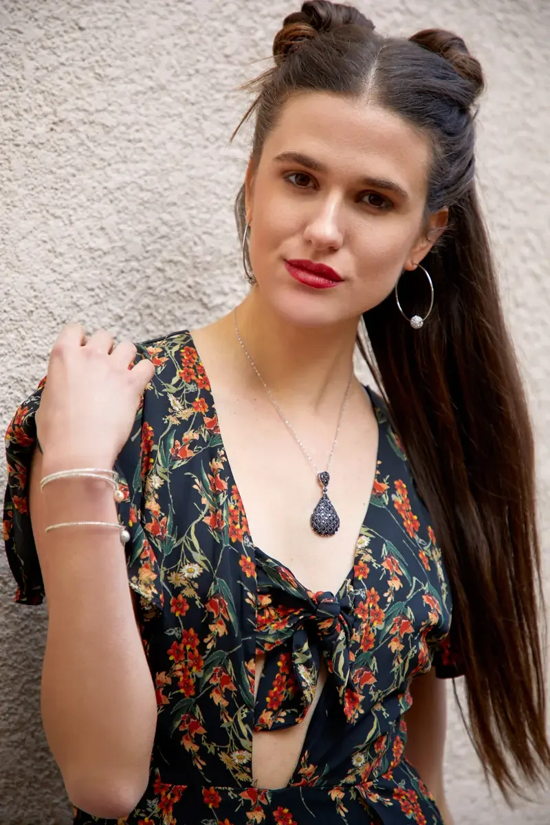 Victoria Henley, black floral maxi dress, skirt movement, stucco wall, Los Angeles fashion week test shoot, photographed by Scott Parker Photo