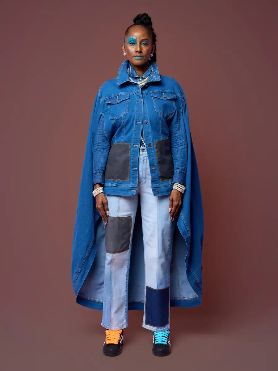 Full span of the denim cape jacket over patch jeans, JUS10H Court Show lookbook