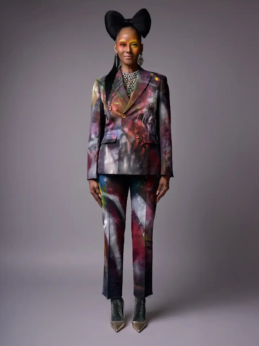JUS10H Met Monday 2026, full-length hand-painted suit, front facing, grey background, photographed by Scott Parker Photo