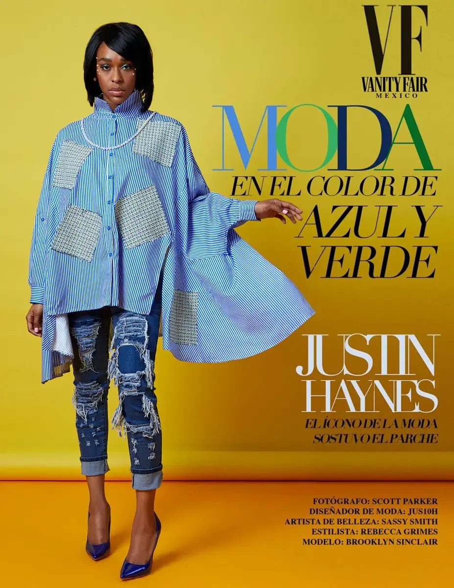 JUS10H 2022 Vanity Fair Mexico feature, editorial cover, oversized blue and white striped patchwork shirt coat, distressed denim, yellow background, photographer credit Scott Parker, photographed by Scott Parker Photo