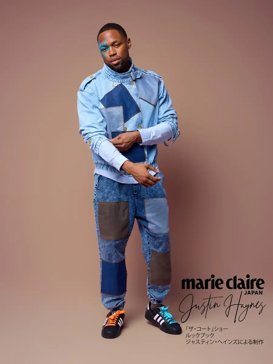 Denim moto bomber with solid patchwork blocks, JUS10H Court Show lookbook