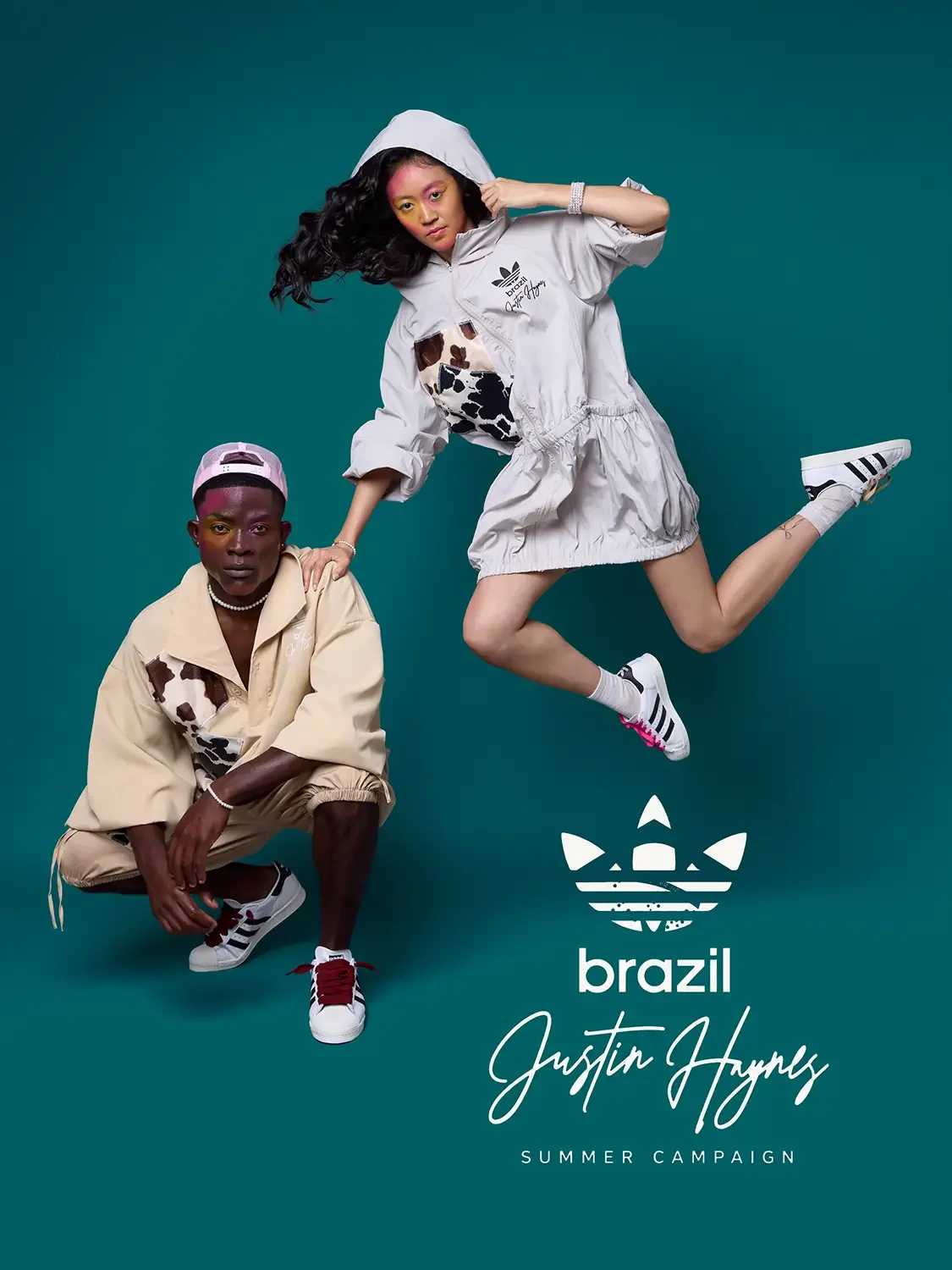 Spring Summer 2026 Adidas Brazil campaign, FIFA World Cup Edition, New York, New Jersey, tan and black patchwork on solid loose fit casual wear with Adidas branding, Lady Liberty Green background, photographed by Scott Parker Photo