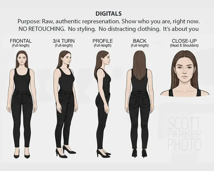 illustration of model poses for digitals woman in black jeans top shoes