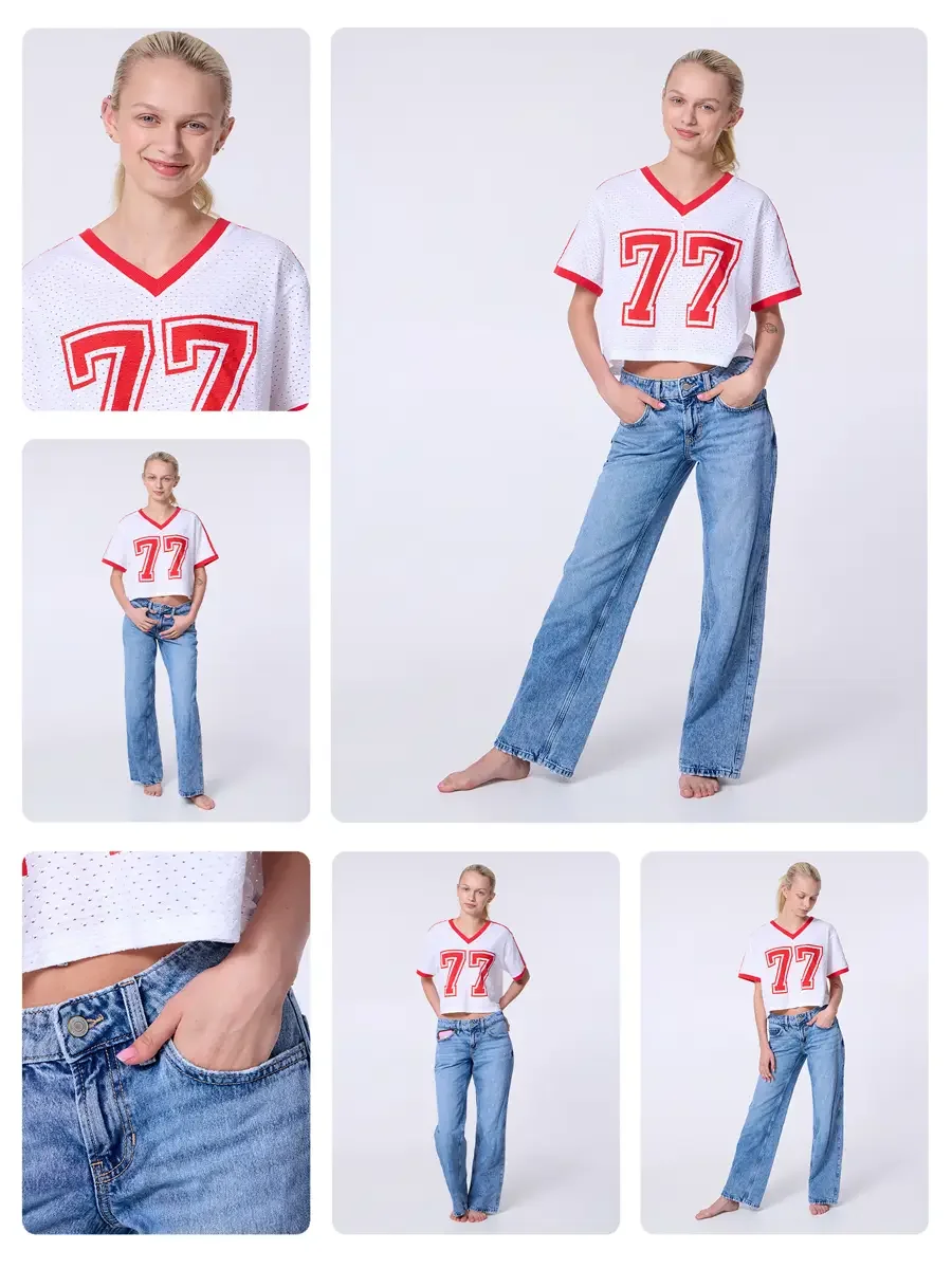 Model portfolio development comp card, commercial look, white mesh crop football jersey with red number 77 and red trim, low-rise light wash wide-leg jeans, barefoot, hero image with alternate views and garment detail, light gray background, photogra