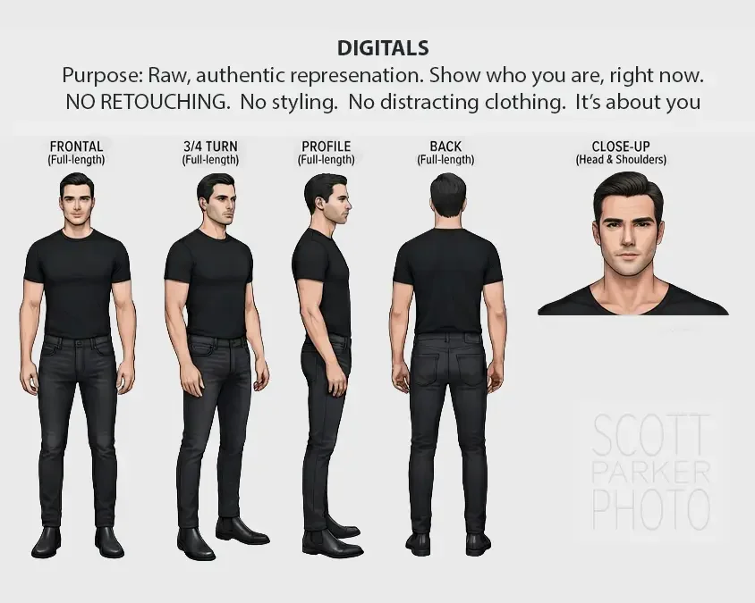 illustration of model poses for digitals man in black jeans top shoes