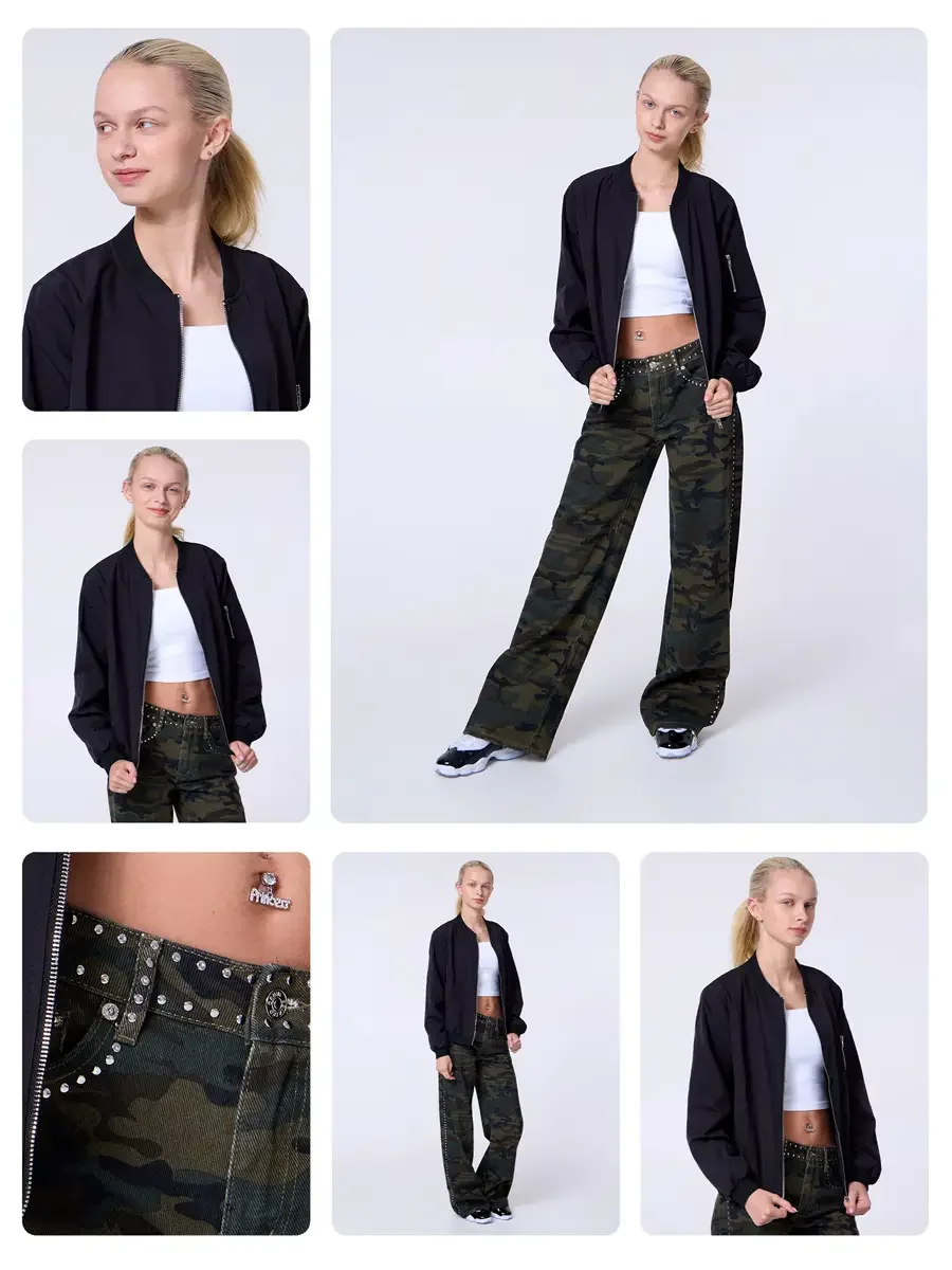 Model portfolio development comp card, commercial look, black bomber jacket, white crop tank, studded camouflage wide-leg trousers, black sneakers, hero image with alternate views and garment detail, light gray background, photographed by Scott Parke