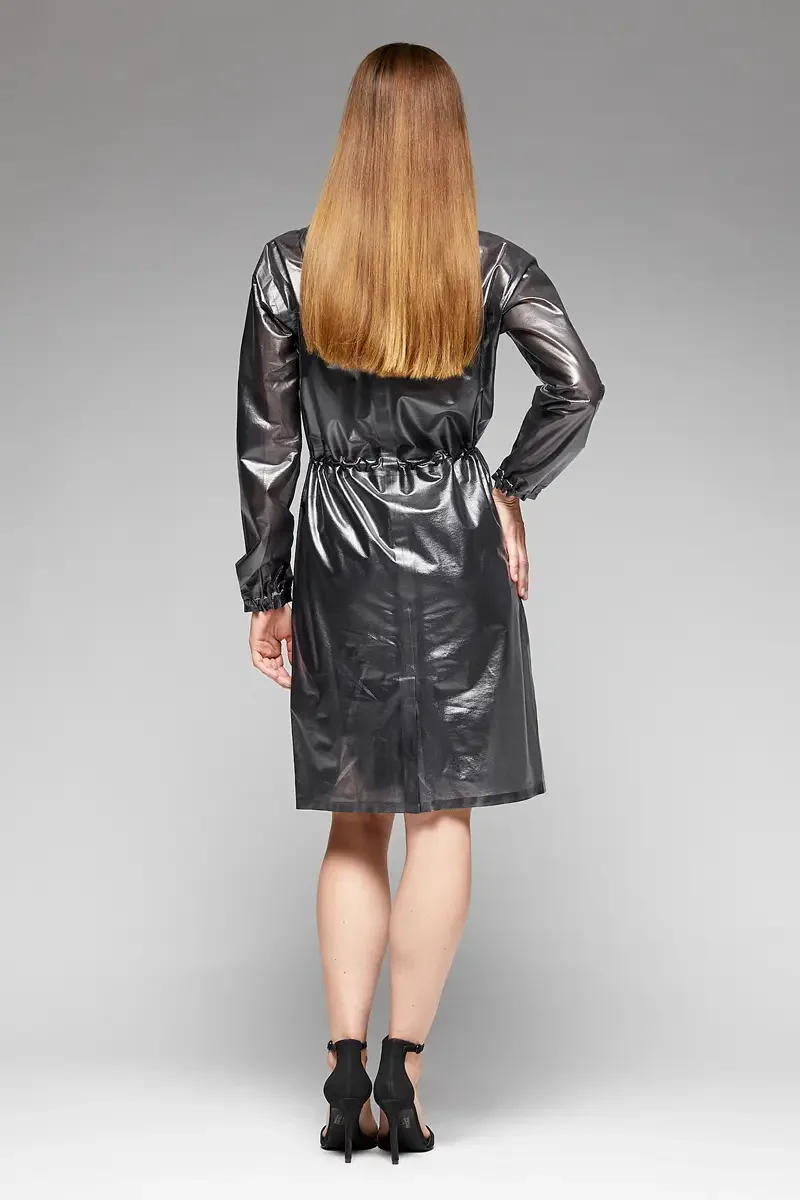 Minika Ko lookbook, gunmetal metallic raincoat, back view, drawstring waist, elasticated cuffs, high-gloss coated fabric, center back seam, knee length, photographed by Scott Parker Photo