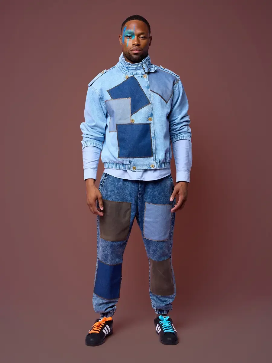 Belt at the neck of a denim moto bomber, elastic-hem denim joggers, JUS10H Court Show lookbook