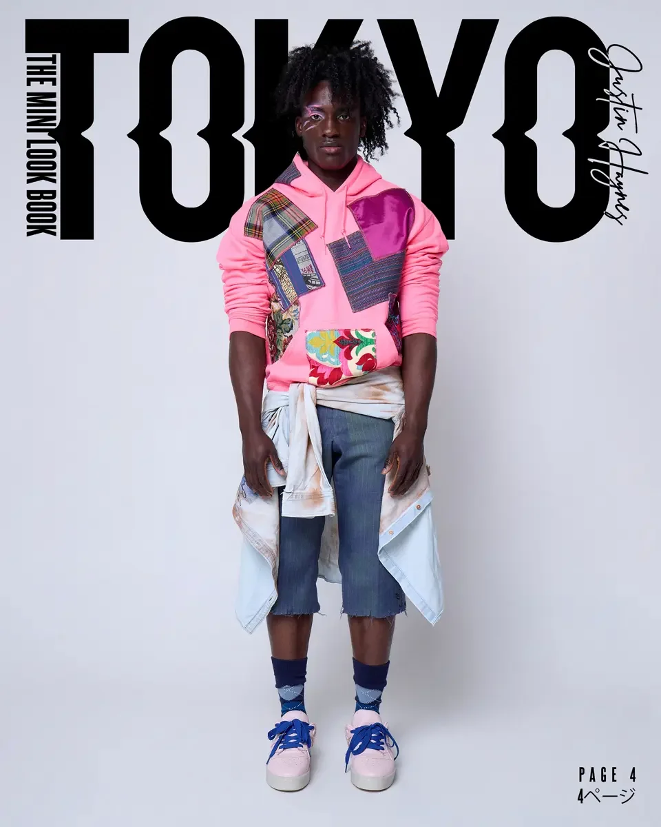A young person with dark skin and curly hair wearing a colorful patchwork hoodie, denim shorts with a shirt tied around the waist, and pink sneakers with blue laces standing in front of a white background with bold black text that reads 'TOKYO' and smaller text 'The Mint Look Book' and 'Page 4'.