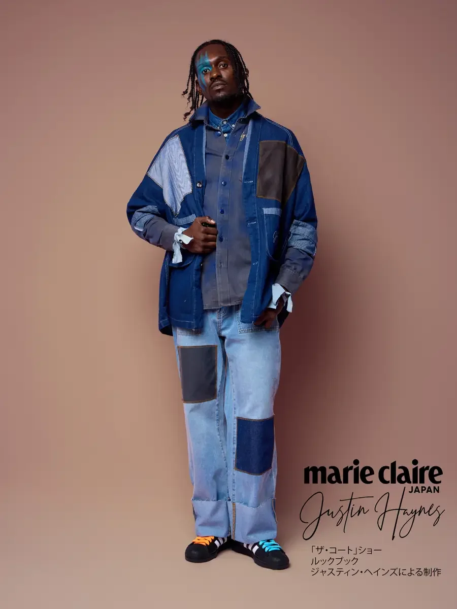 Batwing denim kimono, hand at chest, JUS10H Court Show lookbook, photographed by Scott Parker Photo