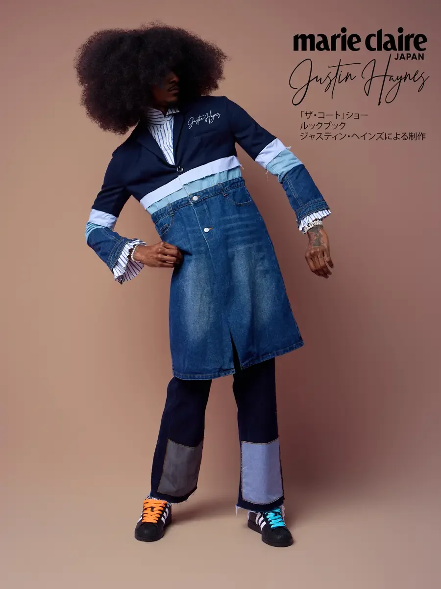 Stacked patchwork trench coat with functional button front, banded in light blue, JUS10H Court Show lookbook
