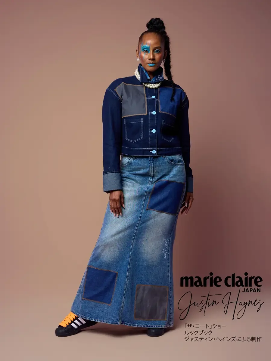 Full-length line of the upcycled denim skirt with contrast patches, JUS10H Court Show lookbook