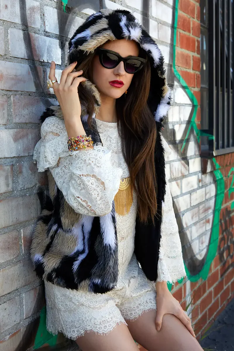 Victoria Henley, faux fur hood, cream lace romper, graffiti wall 3, Los Angeles fashion week test shoot, photographed by Scott Parker Photo