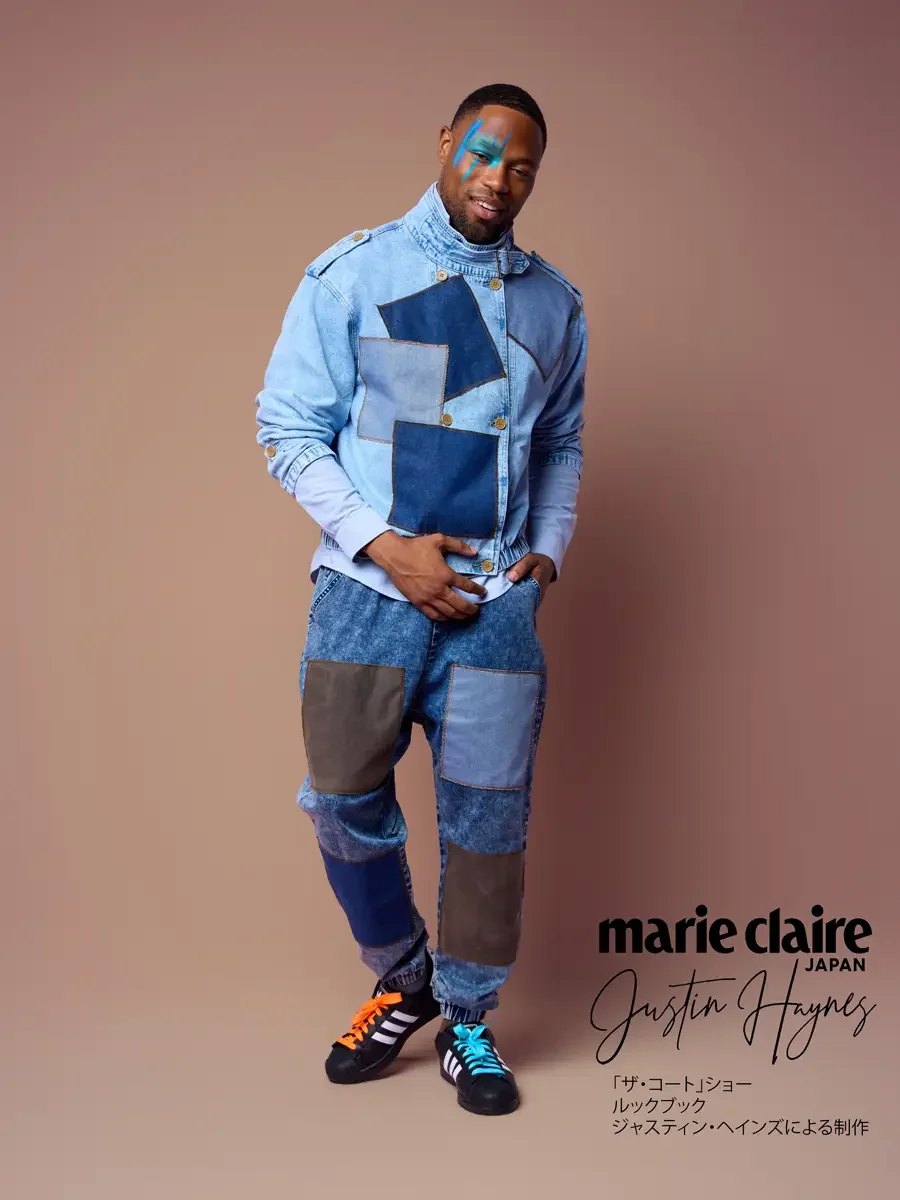 Denim moto bomber, leaning pose, JUS10H Court Show lookbook, photographed by Scott Parker Photo