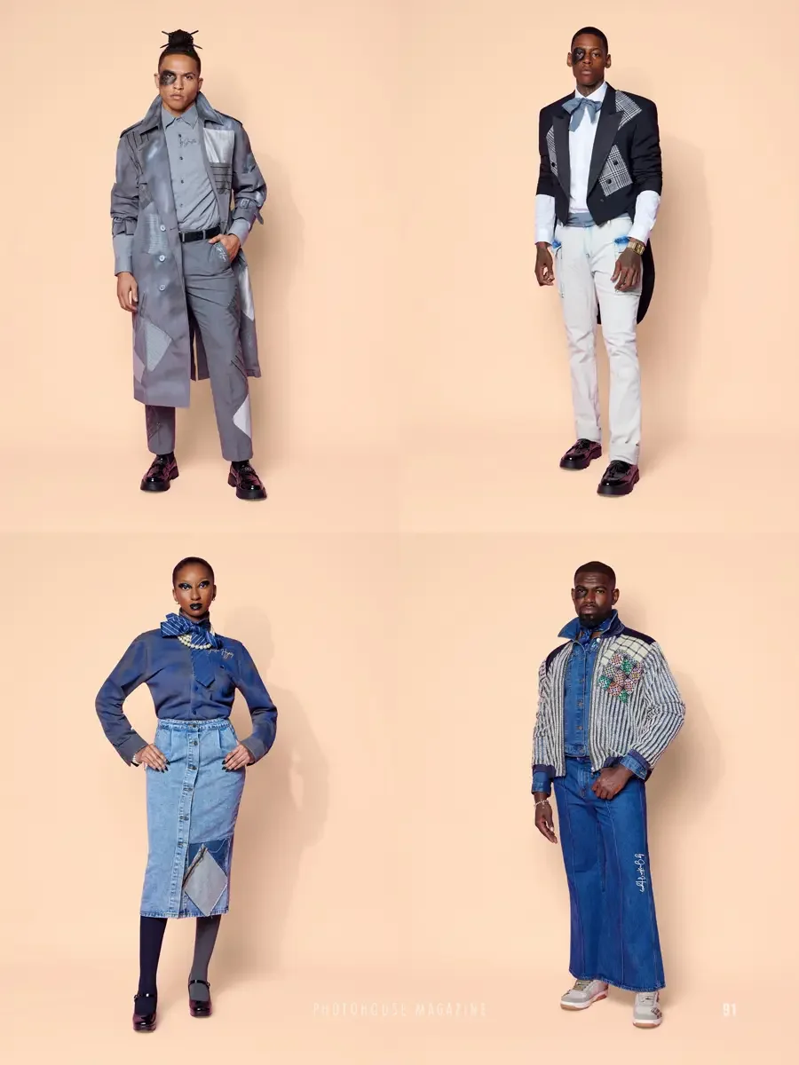 JUS10H 2025 Photohouse Magazine feature, four-look editorial spread, grey patchwork longline trench coat over grey shirt and trousers on male model; black tuxedo blazer with glen plaid lapel panel and denim bow tie over white trousers on male model; 
