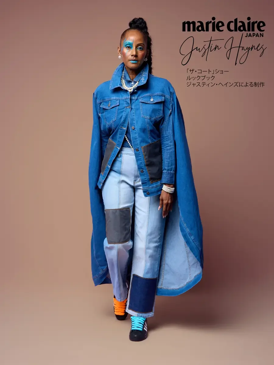 Denim cape jacket, stepping forward, JUS10H Court Show lookbook, photographed by Scott Parker Photo