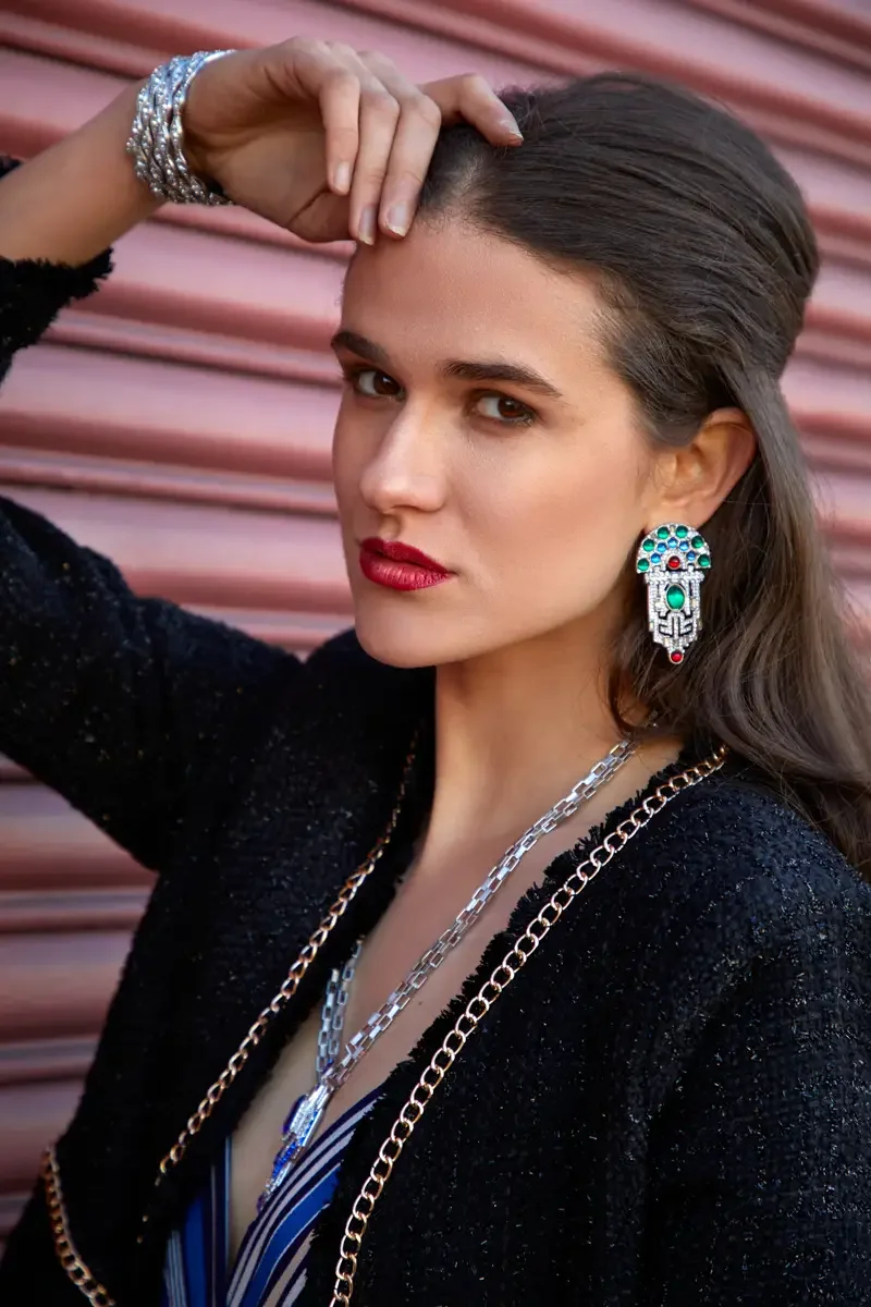 Victoria Henley, beauty close-up, art deco crystal earring detail, black tweed jacket, Los Angeles fashion week test shoot, photographed by Scott Parker Photo
