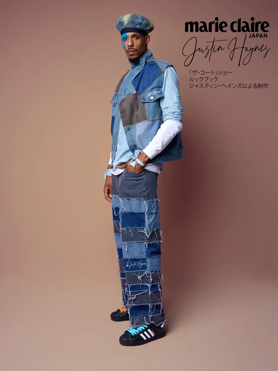 Denim beret and asymmetrical vest layered over white sleeves, hand in pocket, JUS10H Court Show lookbook