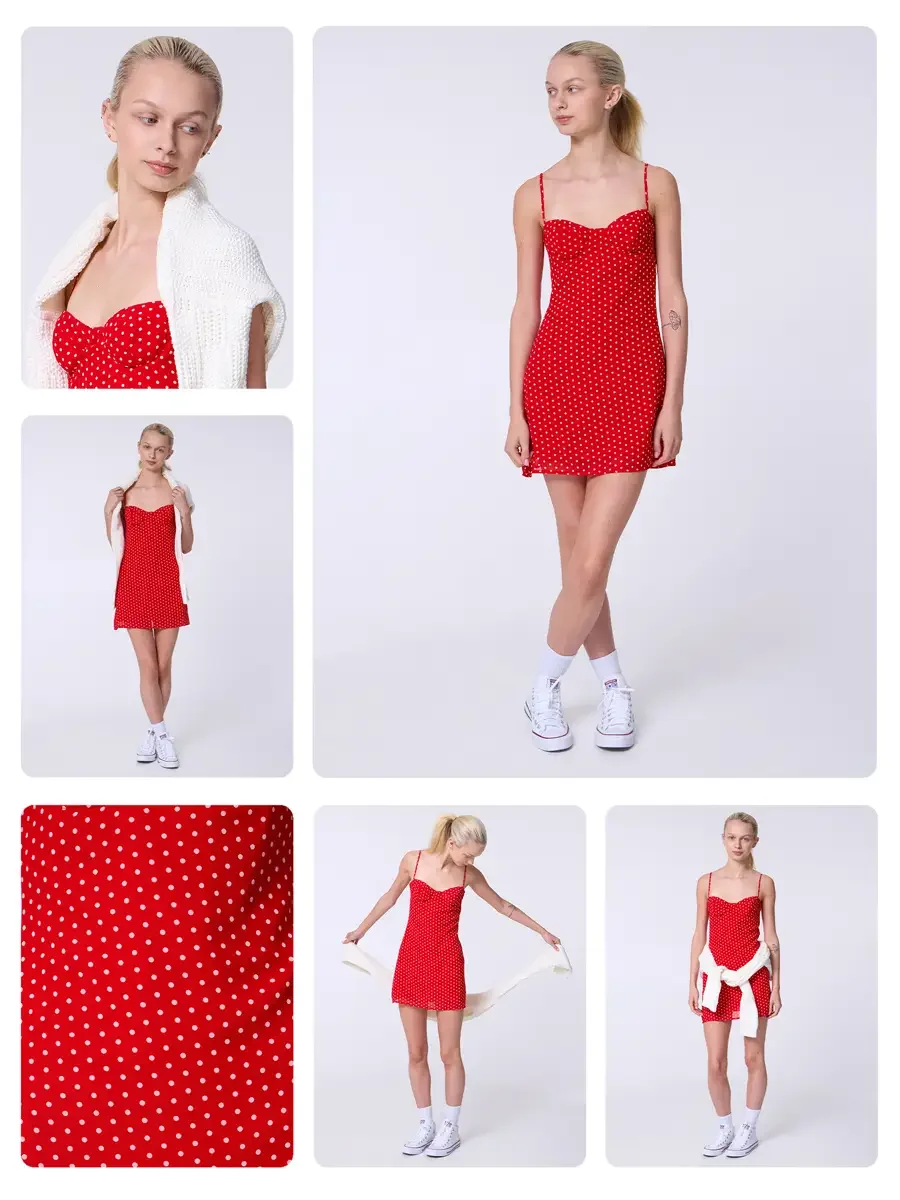 Model portfolio development comp card, commercial look, red polka dot sweetheart mini dress, white high-top Converse sneakers, cream chunky knit cardigan styled as accessory, hero image with alternate views and fabric detail, light gray background, p