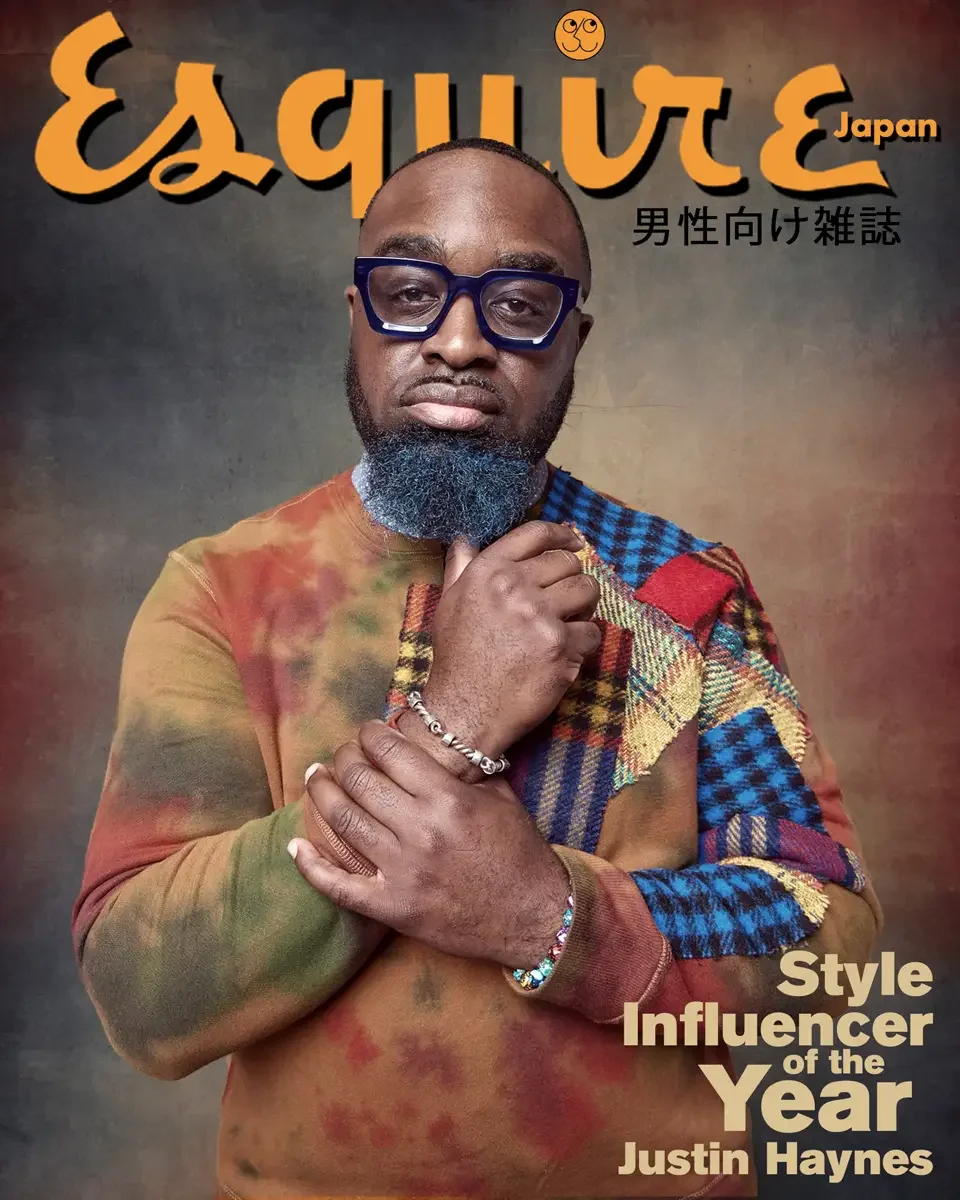 JUS10H 2024 Esquire Japan feature, Style Influencer of the Year, editorial cover, tie-dye sweatshirt with patchwork wool scarf, textured background, photographed by Scott Parker Photo