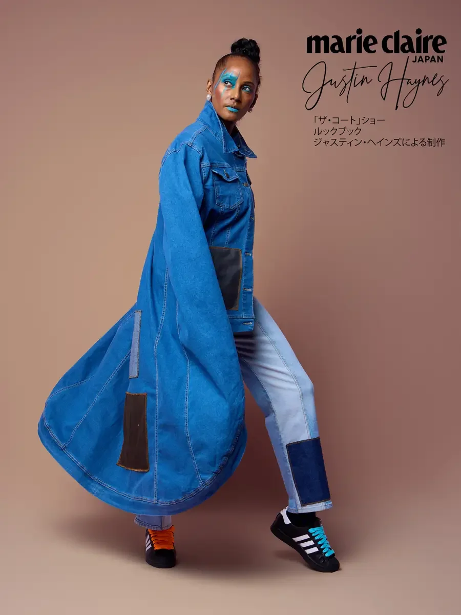 Denim cape in motion, the closing look of the show, JUS10H Court Show lookbook, Marie Claire Japan, photographed by Scott Parker Photo