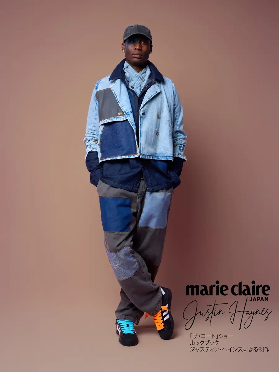 Cropped denim trench coat, legs crossed, JUS10H Court Show lookbook, photographed by Scott Parker Photo