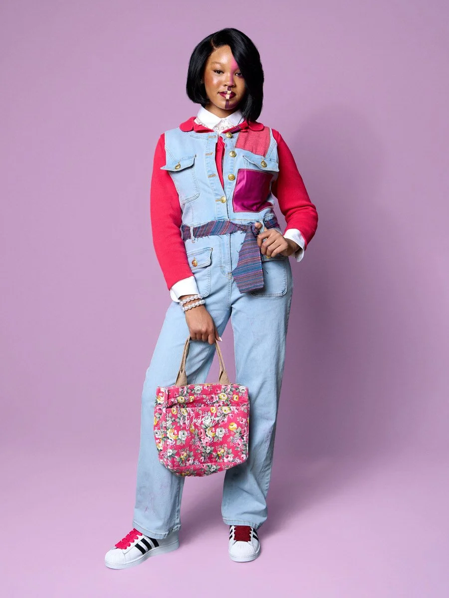 A young woman with shoulder-length black hair and face paint, wearing a colorful patchwork denim jacket with red sleeves, light blue jeans, and white sneakers with red and black accents, stands against a purple background, holding a floral pink bag.