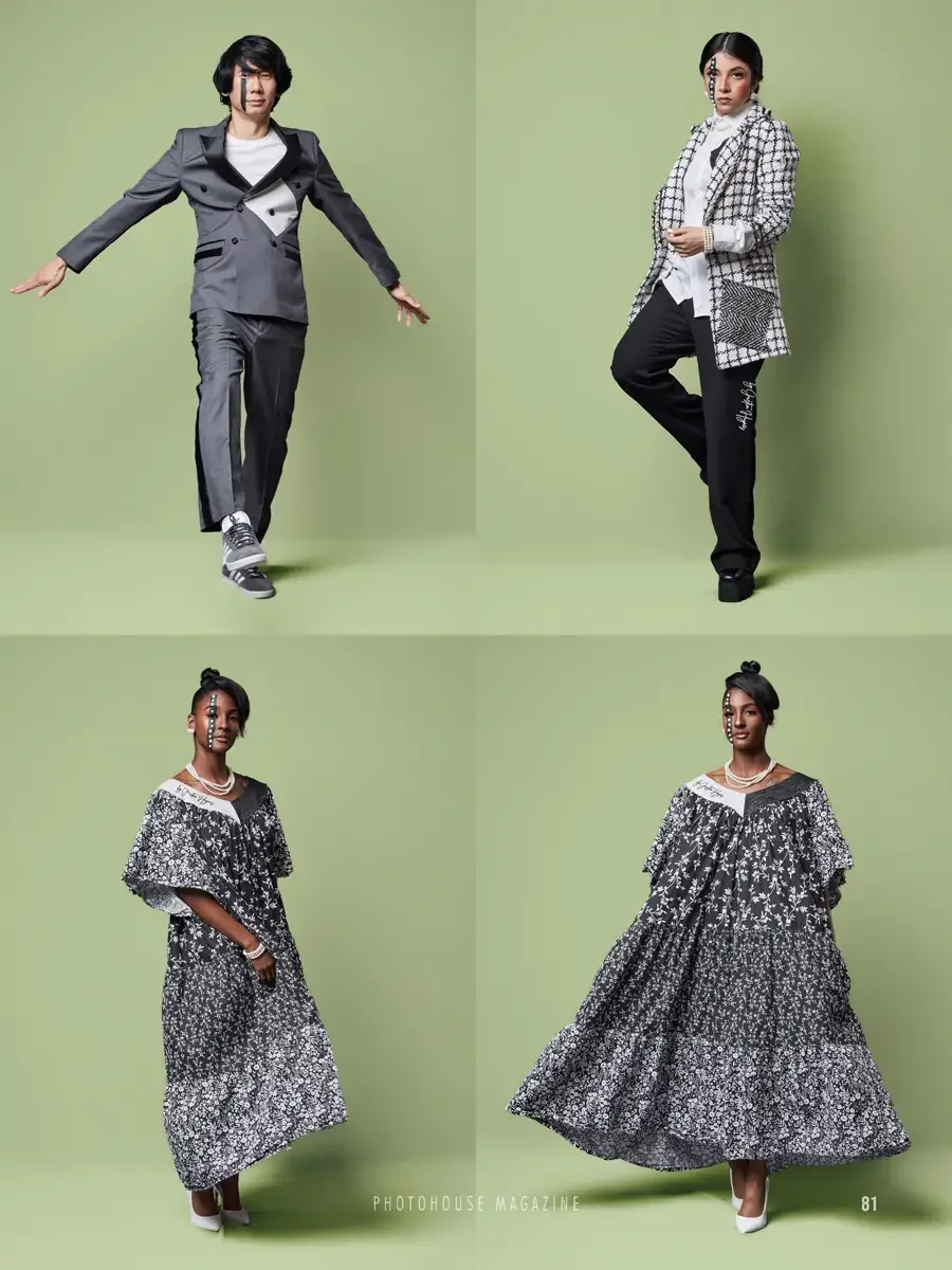 JUS10H 2025 Photohouse Magazine feature, four-look editorial spread, charcoal double-breasted tuxedo suit with white patchwork panel on male model; black and white grid-check blazer with herringbone pocket panel over black trousers on female model; b