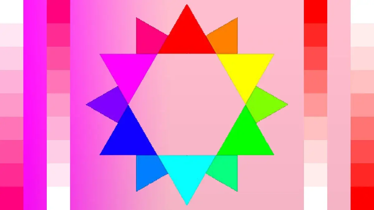 Pink and magenta gradient with an RGB and CMY primary color overlap diagram, flanked by luma strips fading red and magenta to pink