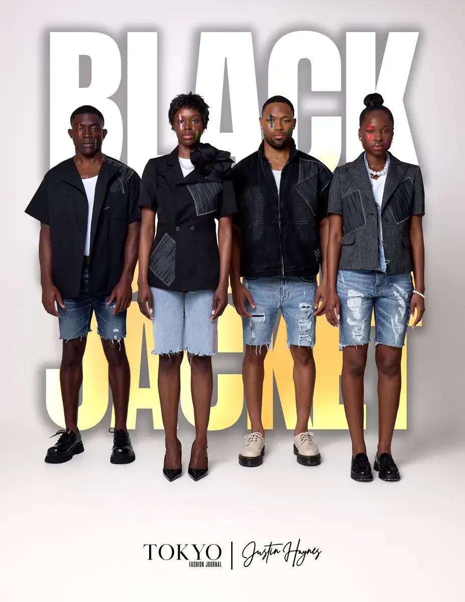 JUS10H Black Summer Jacket lookbook, four models in black patchwork jackets and distressed denim shorts, front-facing group shot, white background, photographed by Scott Parker Photo
