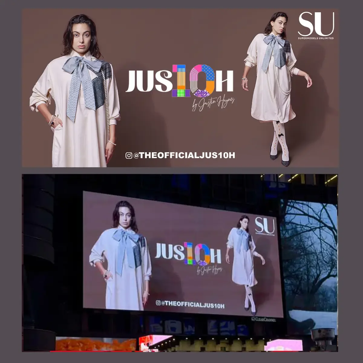 JUS10H 2025 billboard Times Square, composite showing billboard artwork and in-situ display, two-image layout of model in blush oversized shirt-dress with striped bow and metallic patchwork panel, long pearl necklace and bow-detail sheer tights, brow